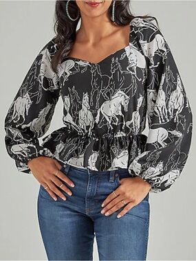 Wrangler Black & White Horse-Print Peplum Top